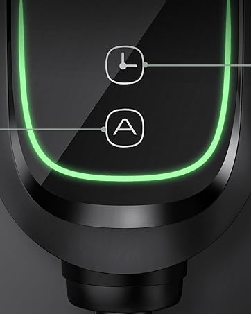 Infografía que muestra los ajustes de carga ajustables para un cargador de vehículo eléctrico. Incluye opciones de potencia actual, tiempos de carga programables y recomendaciones para ahorrar costes basadas en