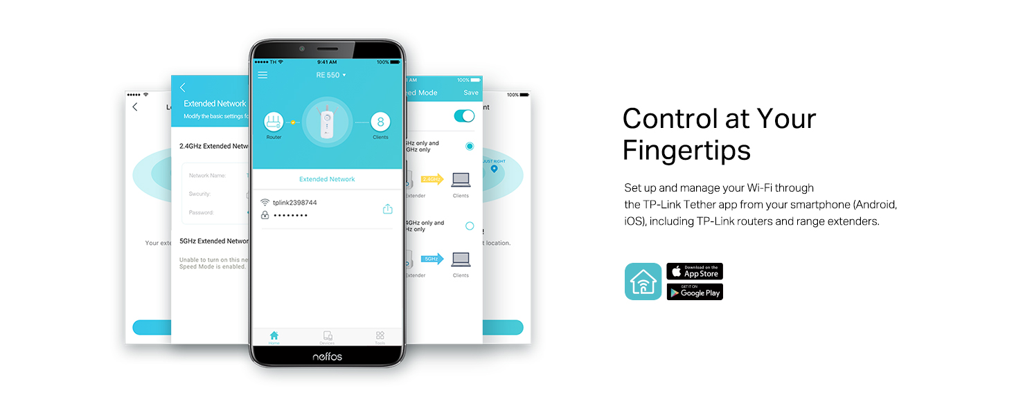 TP-Link RE550 AC1900 Wi-Fi Range Extender, Dual Band Wi-Fi Extender Boost, 3 Antennas, Gigabit Ethernet Port, Intelligent Monitor, AP Mode, Ultimate Compatibility Wi-Fi Mesh, Easy Setup Text reads
