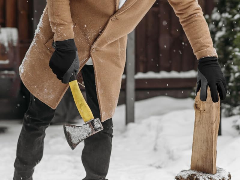Multiple images showing winter scene with someone removing snow using a yellow-handled snow removal tool.