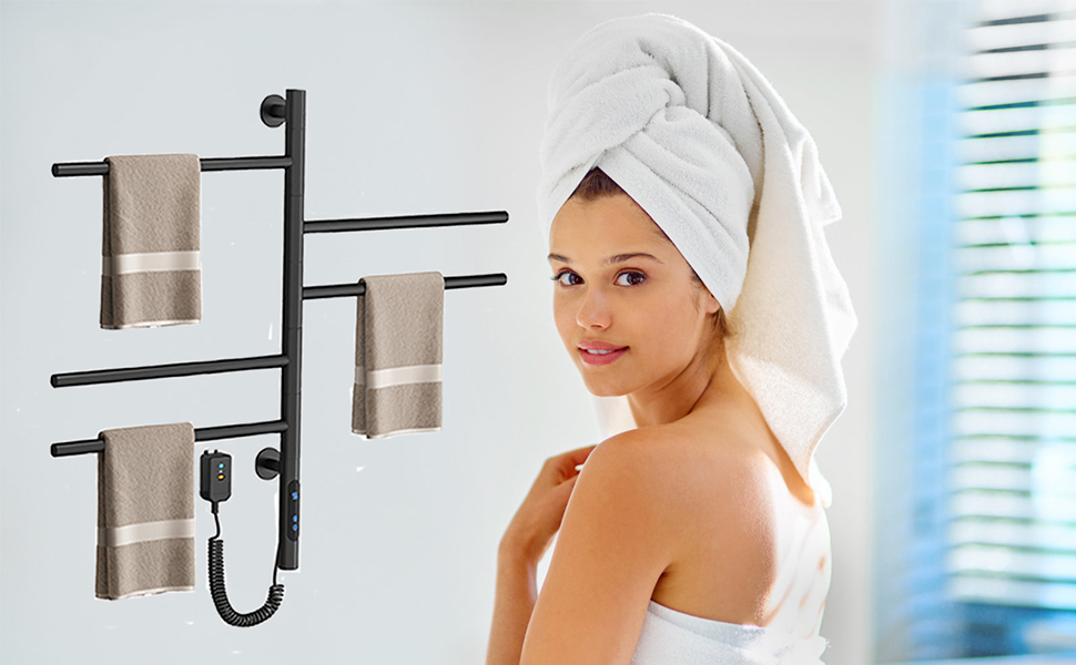 Sèche-Serviettes Électrique, Pivotant à 180 ° Porte-Serviettes Chauffant, Chauffe-Serviettes électrique Mural Avec Thermostat(45-70℃) Minuterie, Écran LED, 660x420cm, 80W, Noir 13 A2