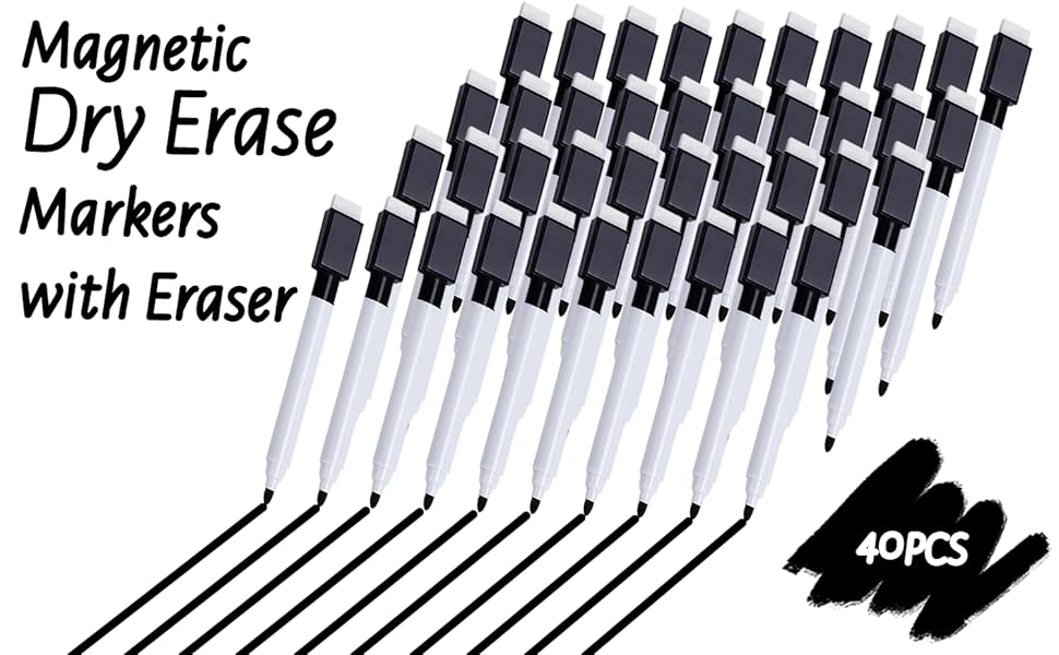 CIOUYAOS 40PCS Dry Erase Markers with Eraser, Black Fine Tip Point