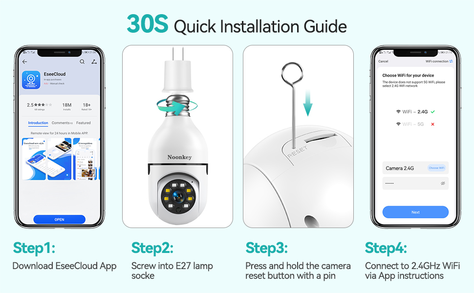 Noonkey Light Bulb Security Camera 3MP, Alexa E27 Light
