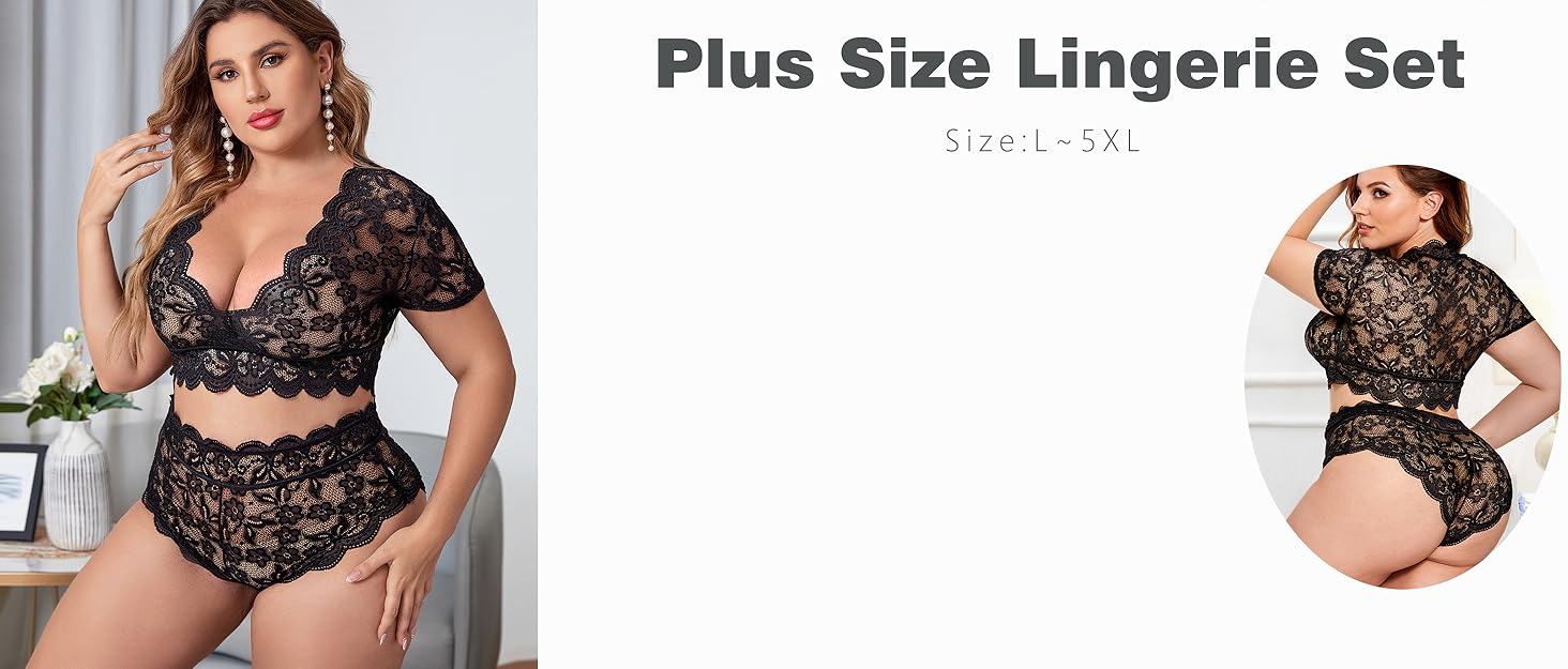 Plus Size Lingerie Set for Women, High Waist Allover Lace Bodysuit Lingerie Gift