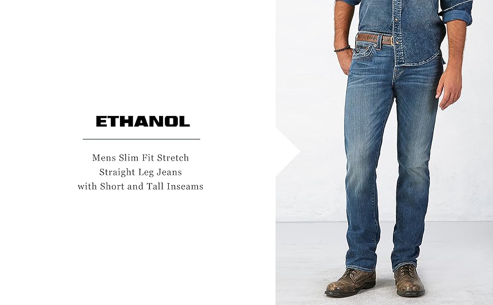 ETHANOL Men's Skinny Slim Fit Stretch Straight Leg Jeans with Short and