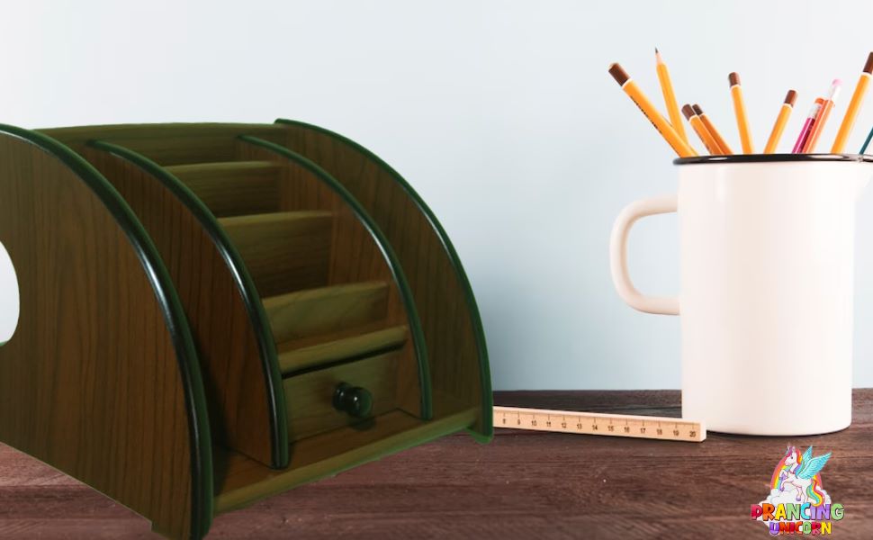 Prancing Unicorn Wooden Desk Organiser Pen, Pencil Stand With Drawer