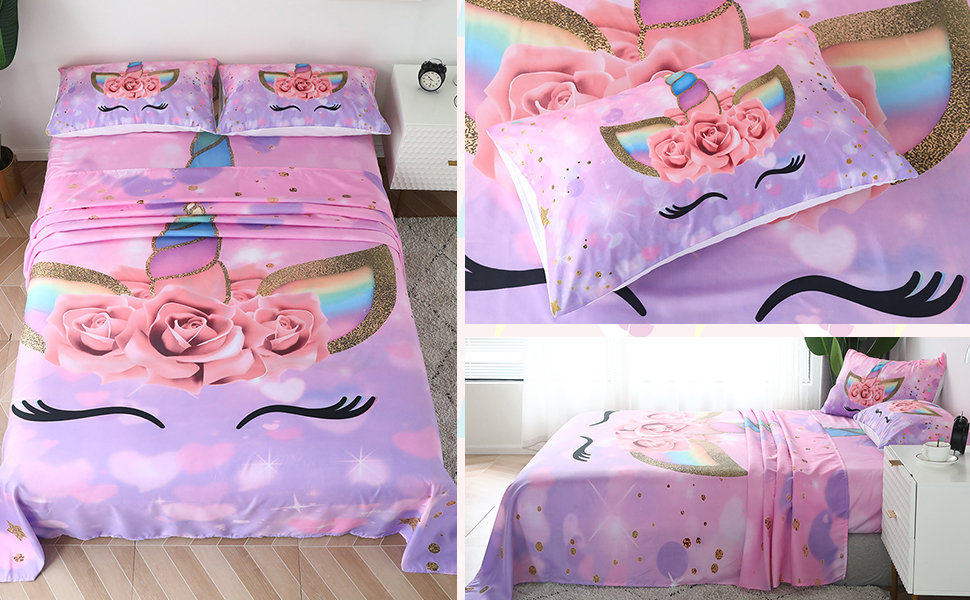 ADASMILE A & S 3 Pieces Unicorn Sheets Twin for Girls