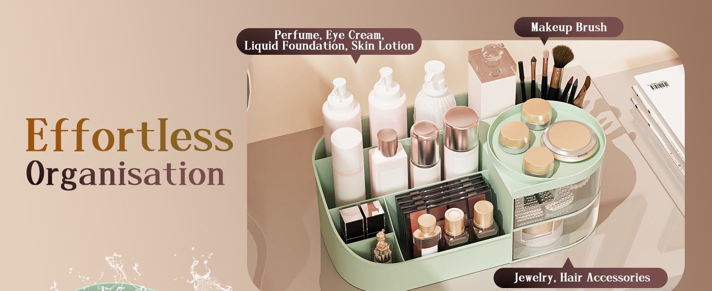 Text reads 'Effortless Organisation'. Cosmetic organization display featuring makeup brushes and beauty products arranged in clear acrylic containers.