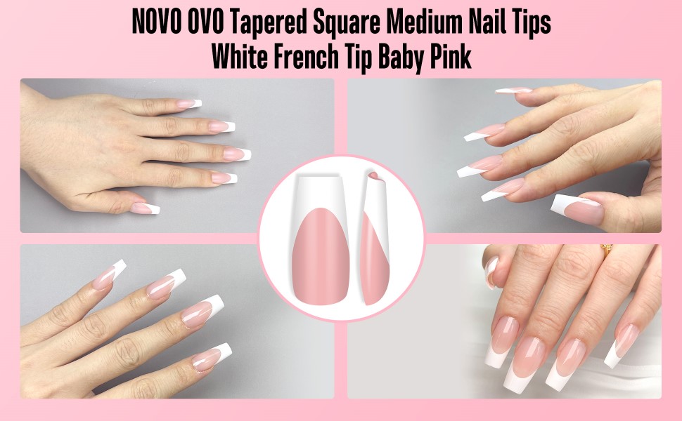Tapered square medium nail tips white french tip baby pink