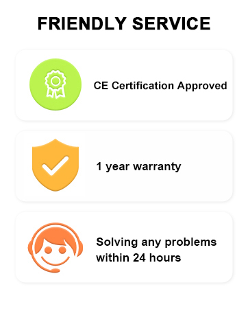 Text reads 'FRIENDLY SERVICE', 'CE Certification Approved', '1 year warranty', 'Solving any problems within 24 hours'. Service guarantees shown with green, orange and icon indicators.
