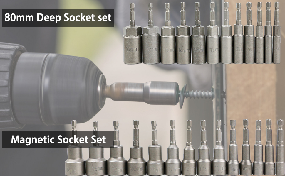 Nut Drivers 619mm, 26 pcs Bolt Nuts and Deep Socket Bits, 1/4