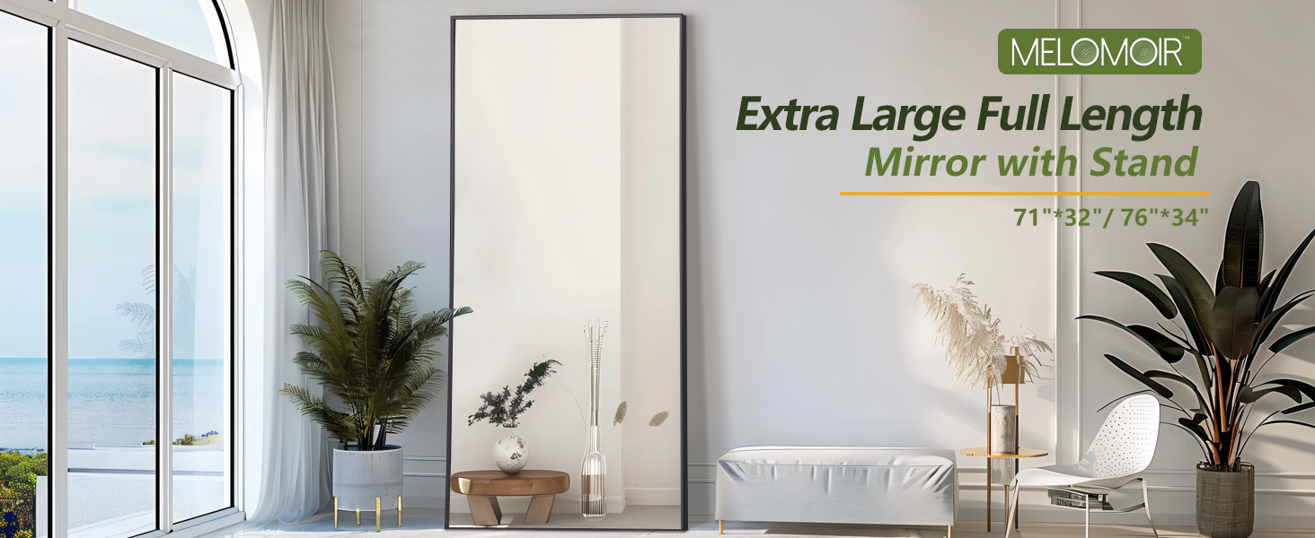 Full Length Mirror, Floor Mirror with Stand Hanging or Leaning, Aluminum Alloy Frame Full Body Mirror for Bedroom Living Room Cloakroom Hallway, Wall Mirror Full Length, Black