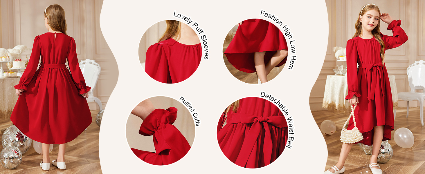 Arshiner Girls Long Sleeve Dress Fashion High Low Flowy Swing Semi Formal Party Dresses with Belt