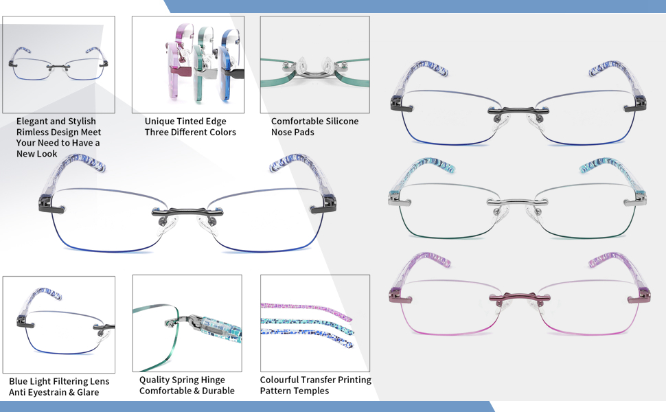 k Rimless Reading Glasses Blue Light Blocking Stylish Tinted Readers