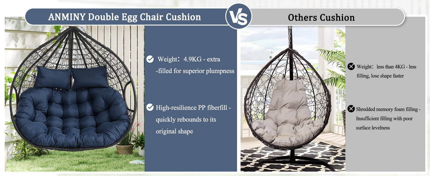 ANMINY 2-Seater Hanging Egg Chair Cushion Thickened 6.3Inch Waterproof Anti-UV Hammock Swing Chair Replacement Cushion, Outdoor Hanging Basket Seat Pads with 2 Detachable Pillows, Beige Cushion ONLY 15 large 2 double person wicker egg chair swing cushion waterproof soft