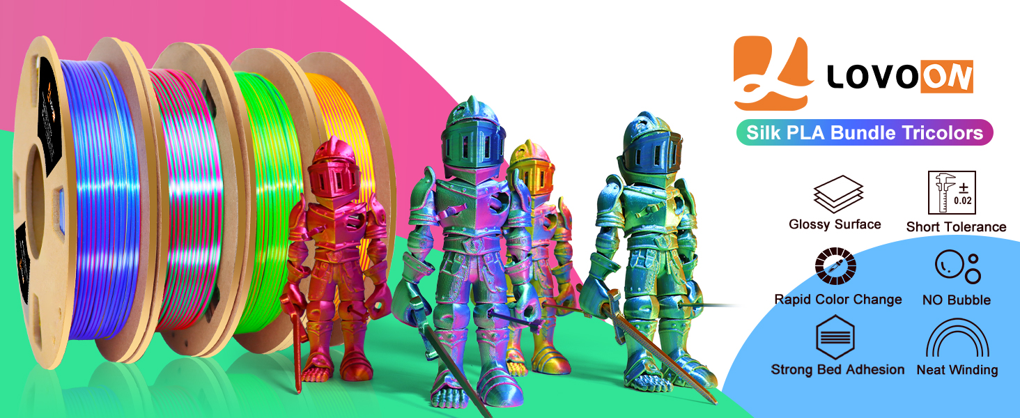 LOVOON 3D PLA Filament 1.75mm Bundle, Tricolor 3D Printer Filament Bundle, Rainbow Silk PLA Filament Bundle, PLA Filament for 3D Printer 3D Pen, Dimensional Accuracy +/-0.02mm, 200g x 4 Spools 10 Silk tricolor 3d pla filament bundle,1.75mm pla bundle 3d,multicolor filament bundle