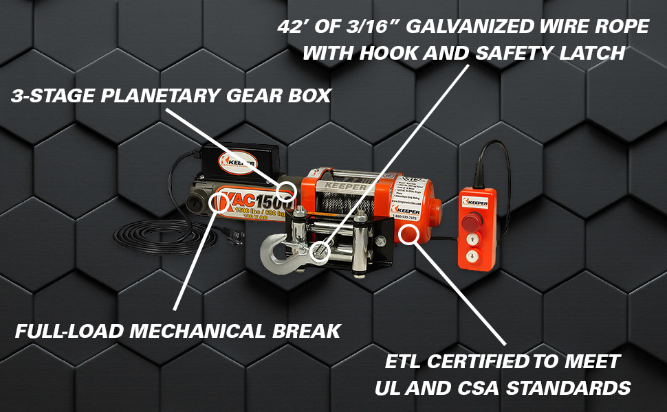 Keeper KAC1500 110/120V AC Electric Winch with Hand Held Remote 1500