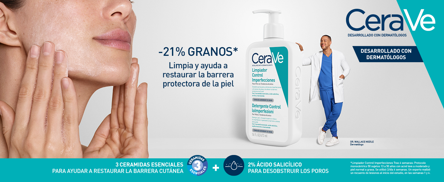O texto diz "CeraVe -21% Espinhas*". Um anúncio mostrando um produto para a pele em embalagem azul e branca, com uma demonstração de aplicação do creme.