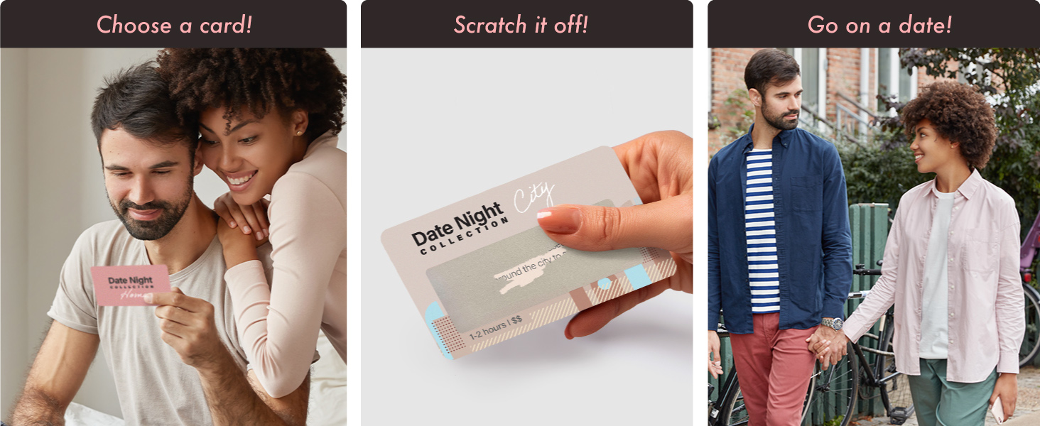 images showing a young mixed race couple how to use the date night idea card, then going on a date.