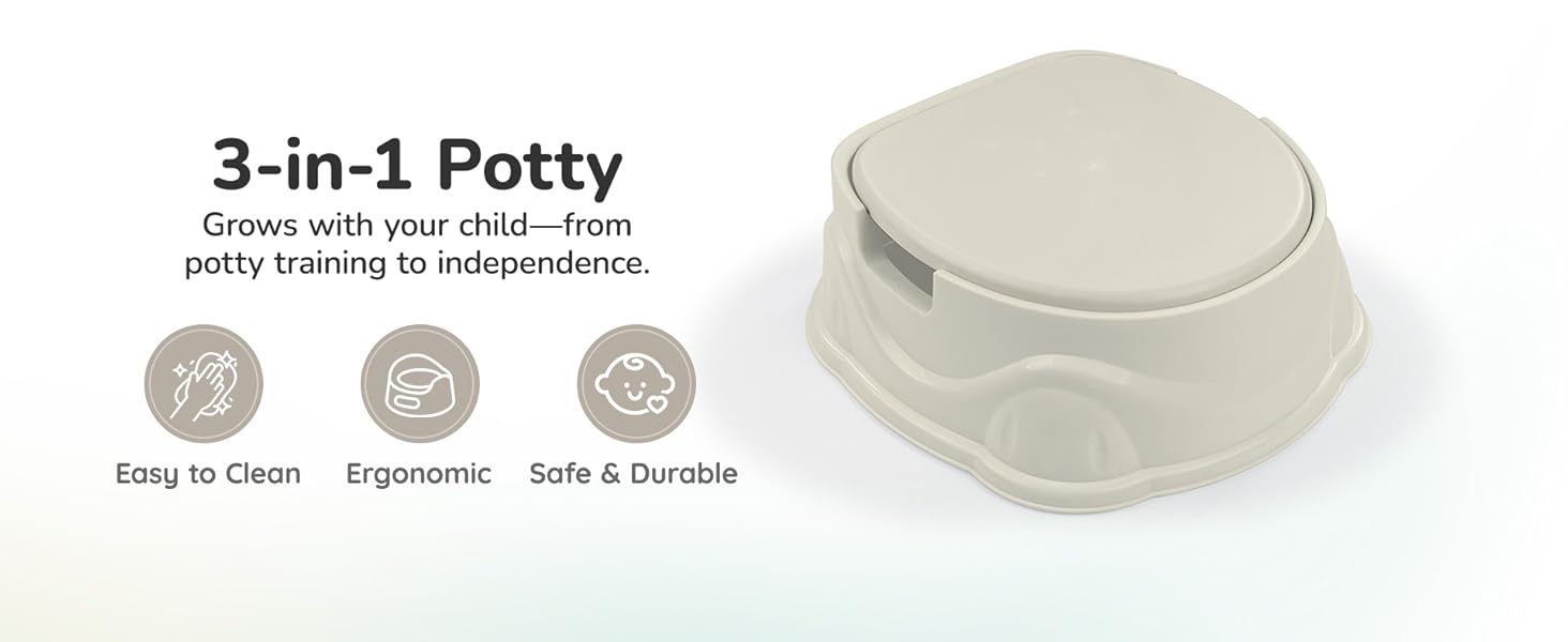 Text Reads: "3-in-1 Potty Grows with your child—from potty training to independence." – beige potty