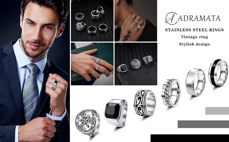 ADRAMATA 6 Pcs Mens Rings Stainless Steel Rings Band Rings Celtic Knot
