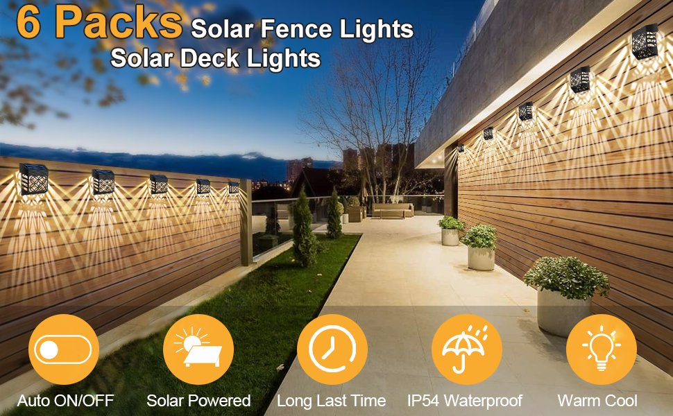 Solar Fence Lights, Warm White Solar Lights Outdoor, 6 Pack Solar Deck