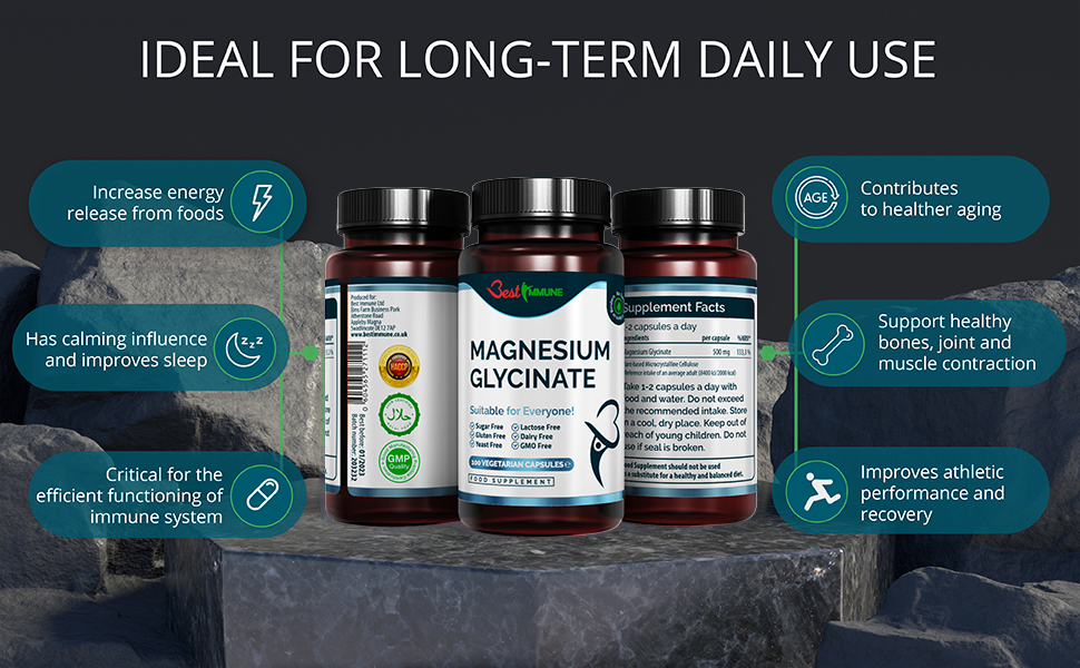 Natural Magnesium Glycinate 500mg Premium Quality Ideal Strength 100