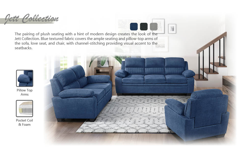 Lexicon Vega 3Piece Living Room Sofa Set, Blue Home