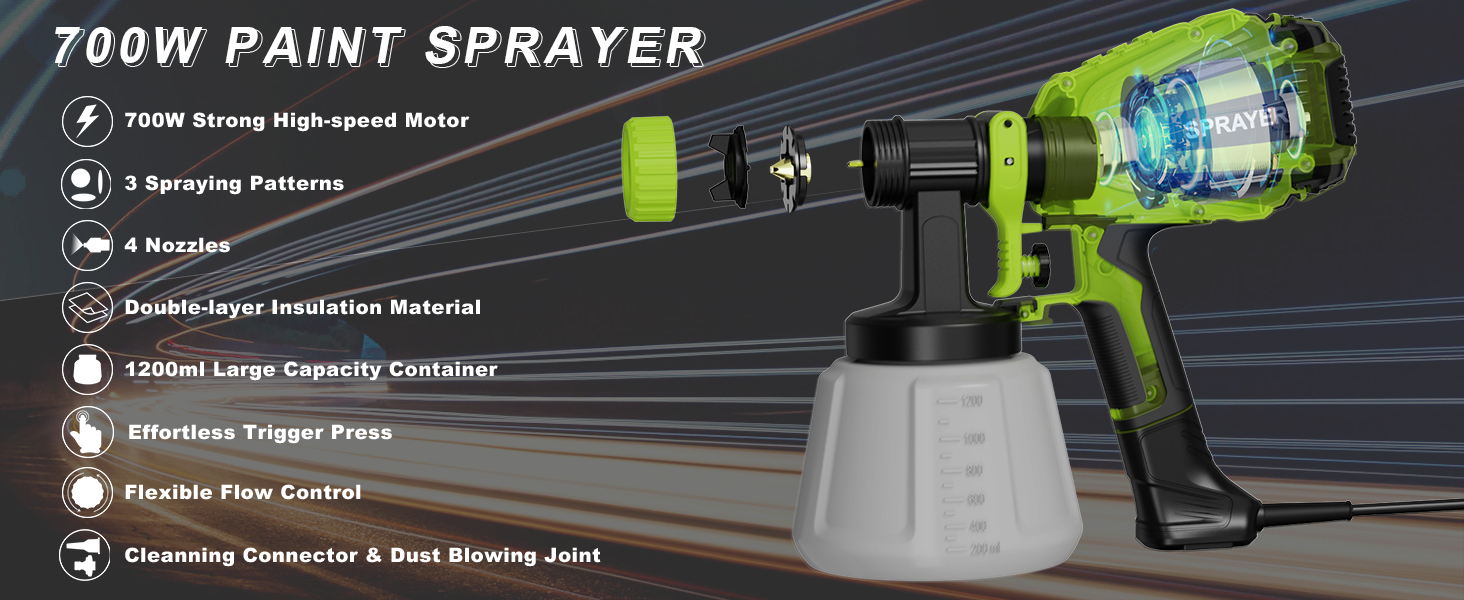 Paint Sprayer 700W, HVLP Electric Spray Paint Gun, with 4 Nozzles and 3 Patterns