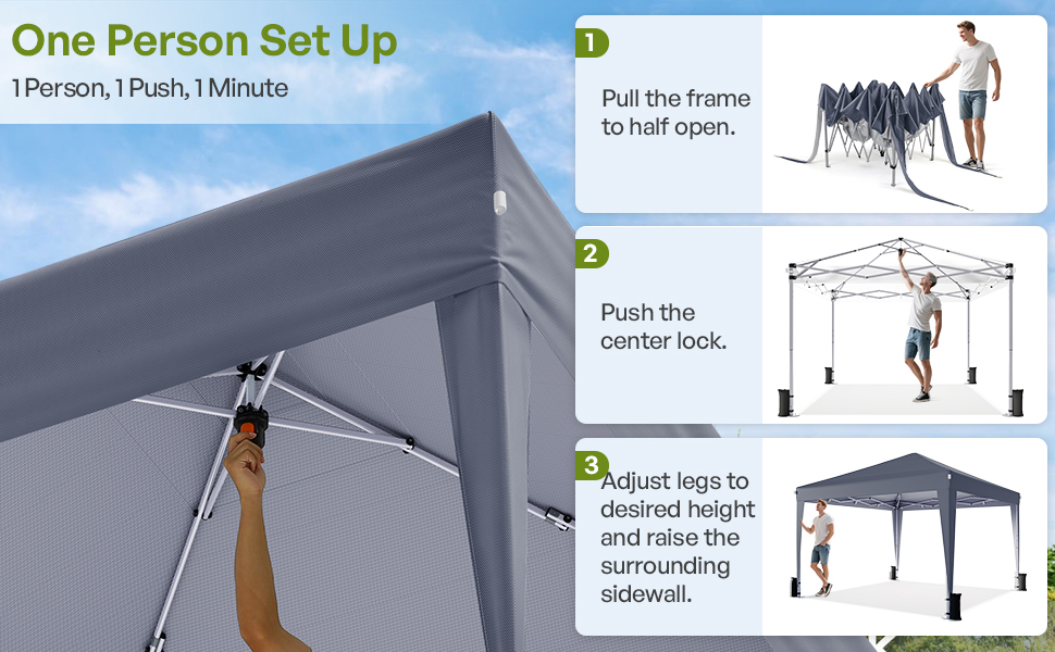 Instructional diagram showing three-step assembly process for a gray pop-up canopy tent, featuring one-person setup method with adjustable legs and push-lock mechanism.