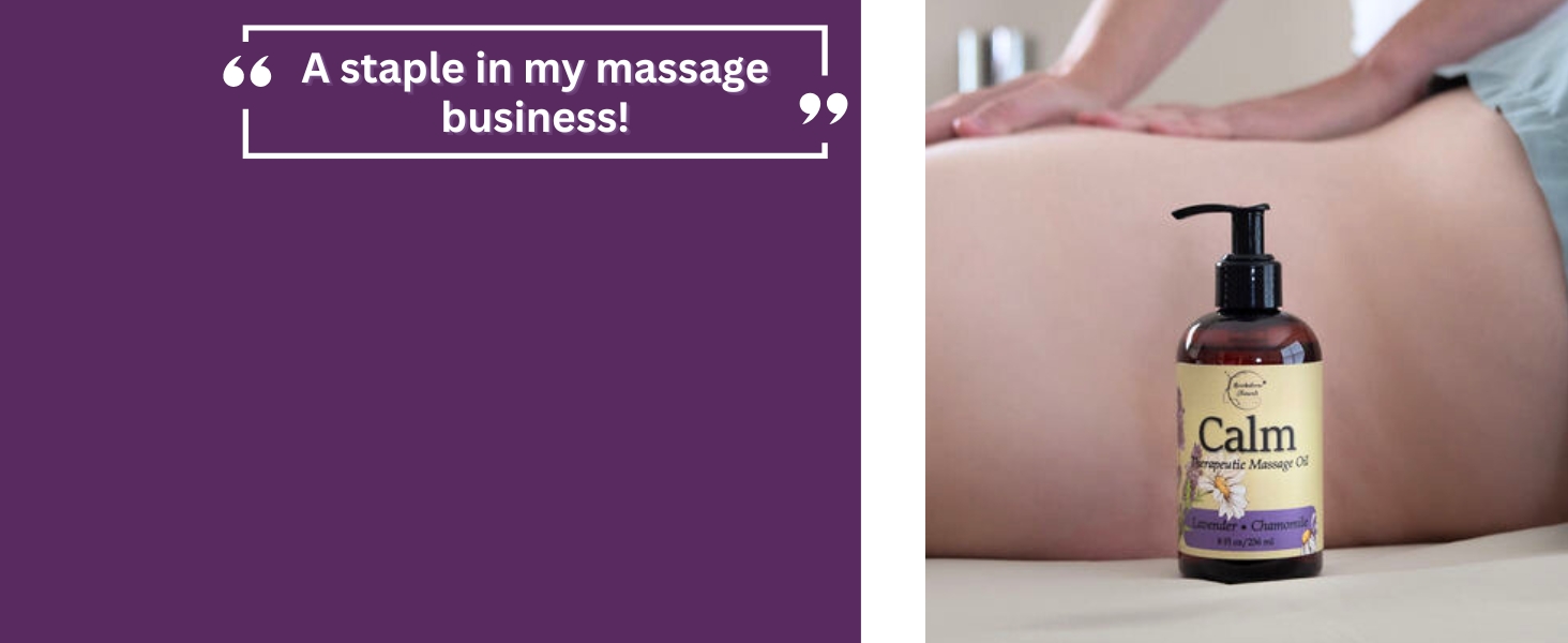 Calm massage oil is perfect for massage therapy being used by a massage therapist.