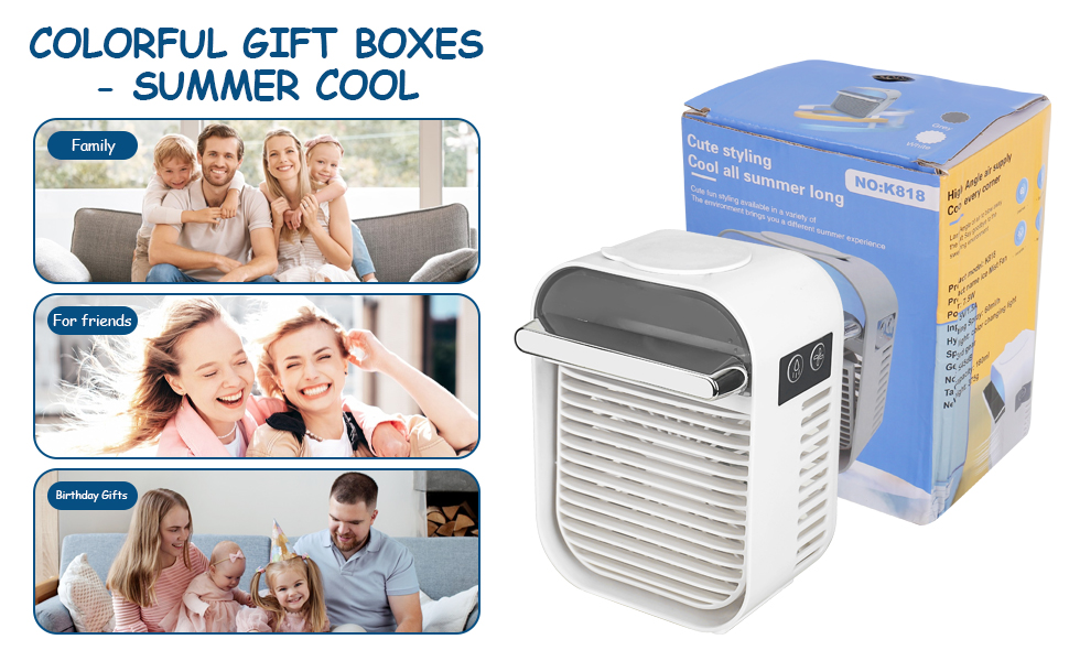 The compact personal air cooler features a white casing and gray ventilation grille, and the retail box features blue design elements.
