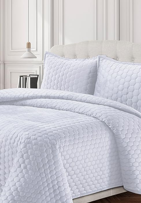 White quilted velvet bedding set,Ultra soft luxury coverlet with shmas to style your bedroom