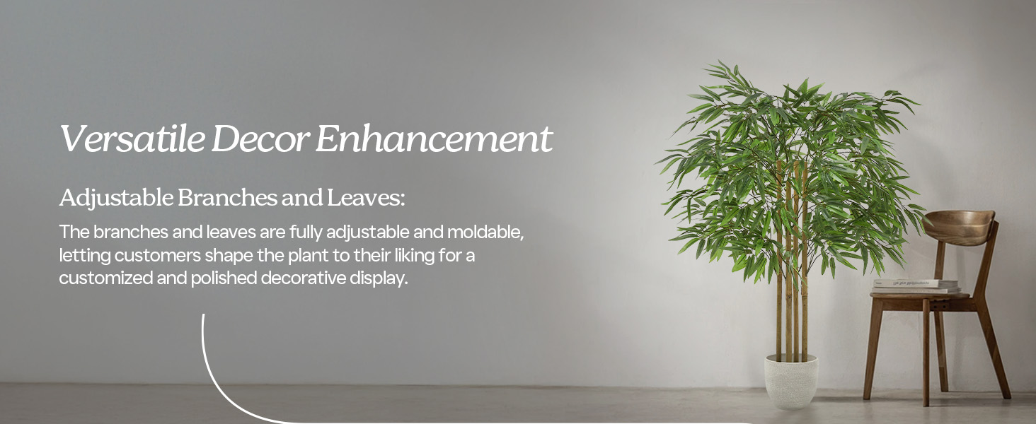 A large indoor plant accompanied by the text "versatile decor enhancement" displayed nearby.