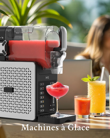 Le texte se lit comme suit : « Machines à Glace ». Distributeur automatique de boissons montrant trois boissons glacées colorées dans des verres - des cocktails rouges, oranges et jaunes affichés sur fond flou.