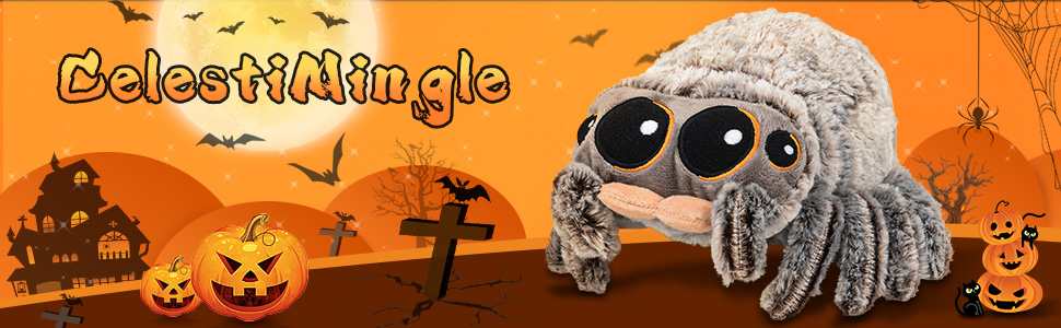 Text reads 'Glow-in-the-dark'. Spider-themed Halloween decoration with glowing features shown against dark orange background.