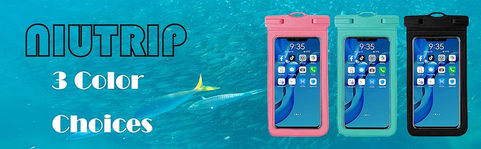 macaron pink phone case，macaron blue phone case,niutrip logo,many swimming fishes.