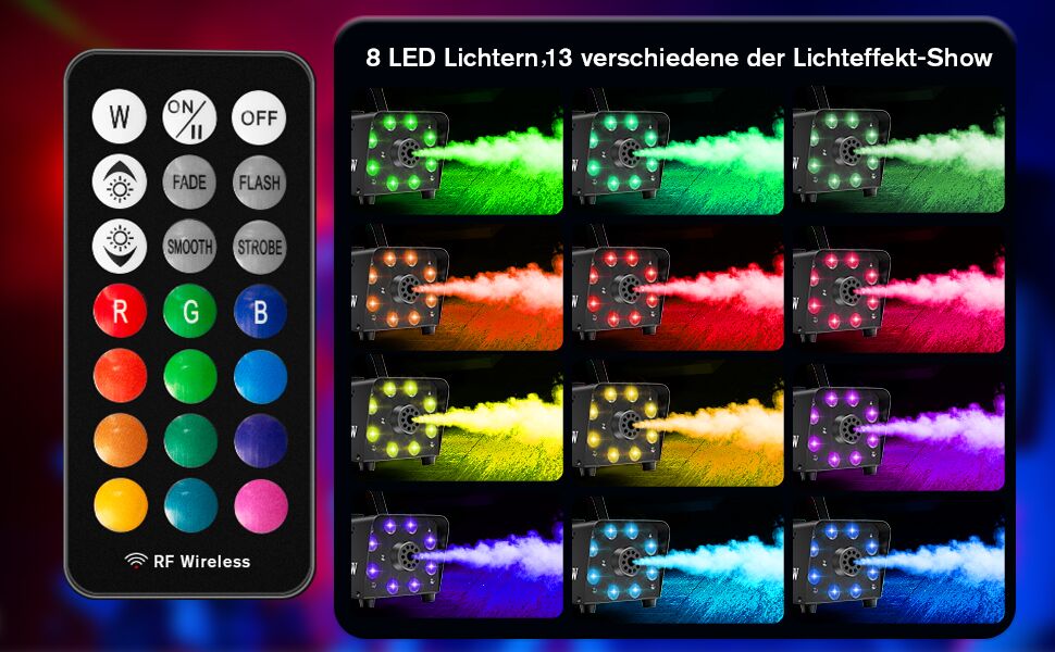 Katomi 700W Nebelmaschine RGB Effekt,13 Farbigen 8 LED Licht Smoke Machine,Mini  Fog Rauchmaschine mit 2 kabelgebundenen und Funkfernbedienungen für DJ  Disco Party,Halloween,Hochzeiten Weihnachten : : Musikinstrumente  & DJ-Equipment