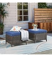 Outdoor Ottoman Set of 2 - PE Wicker Rattan Ottoman Patio Footstool for Deck Porch Balcony Garden...