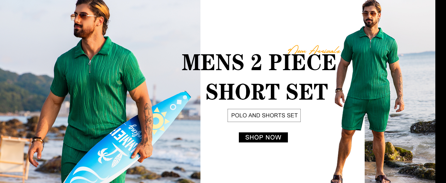 URRU Men's 2 Pieces Short Sets Casual Quarter  Polo Shirt Summer Fashion Outfits