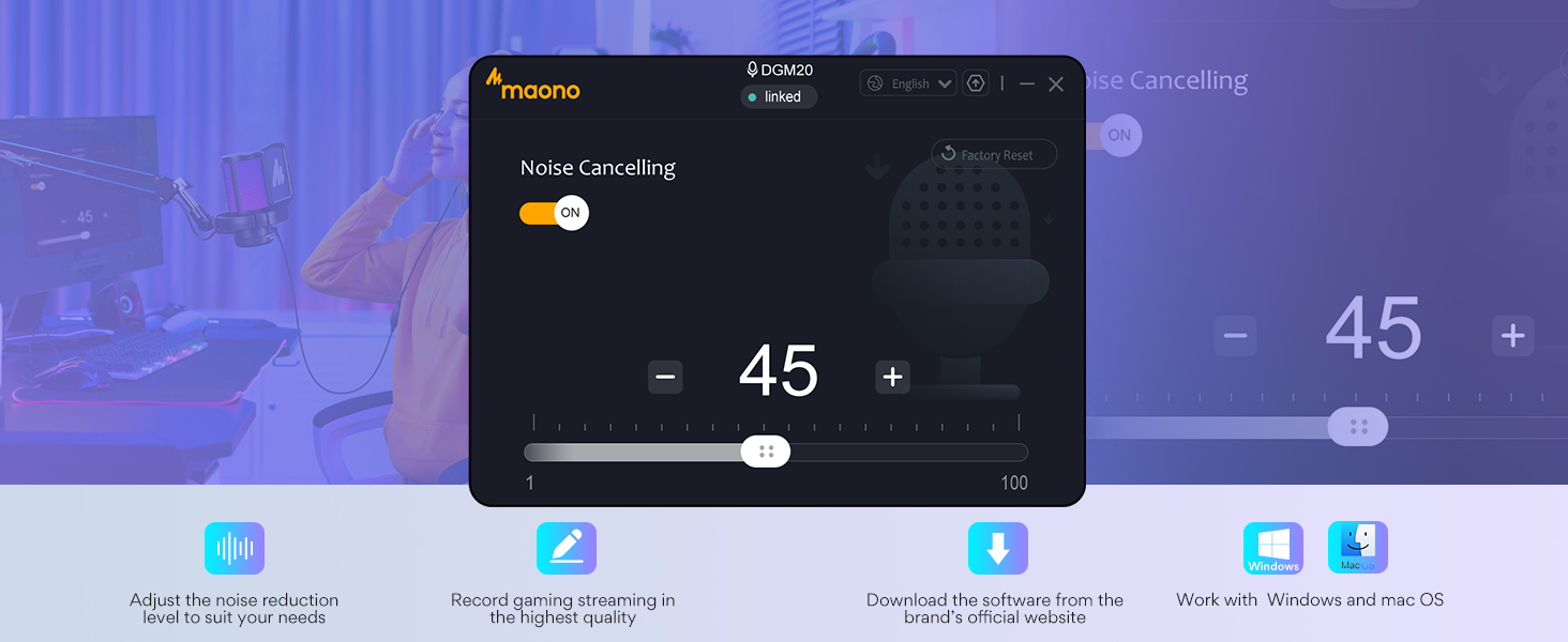 Digital interface showing temperature control slider set to 45 degrees with minimalist dark theme design and white text.