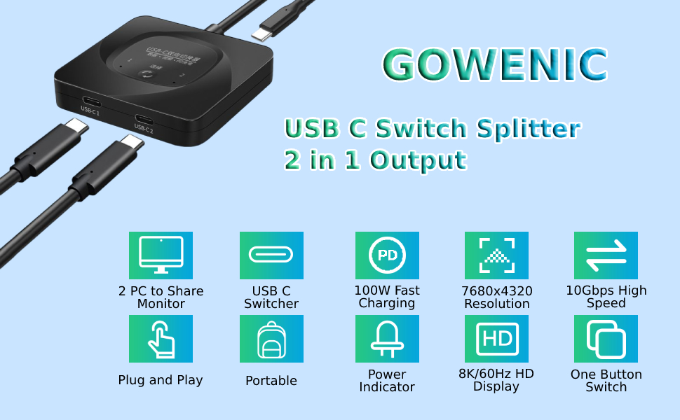 USB C Splitter, Type C 8K Switch, USB3.1 Cen2 10Gbps USB C Switch 2 in 1 Output Type