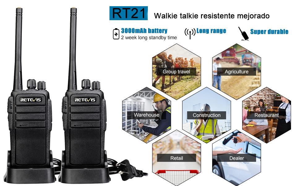 Retevis RT21 Radios de Comunicacion, 3000mAh Walkie Talkie Recargable