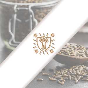 Barre blanche diagonale sur l'image de graines de tournesol dans des bocaux. Emblème doré visible sur une barre blanche avec un motif de dent stylisé entouré de feuilles ou