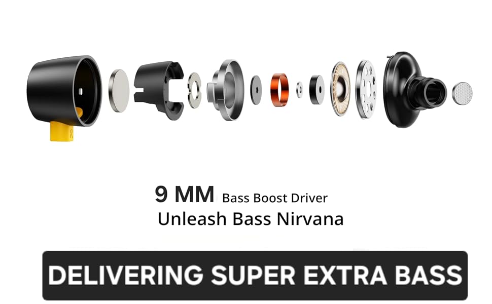Exploded view of Realme Buds 3 earbud components with 9mm bass boost driver, promoting extra bass