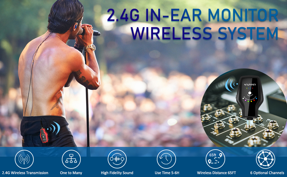 KIMAFUN 2.4G Wireless in Ear Monitor System, Wireless IEM System Earphone Headphone