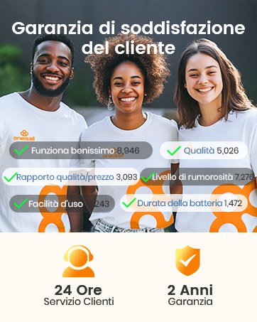 Infografica sulla garanzia della soddisfazione del cliente con valutazioni relative alla qualità del prodotto, al valore, al livello di rumore, alla facilità d'uso e alla durata della batteria. Icone per il servizio clienti 24 ore su 24 e 2 anni