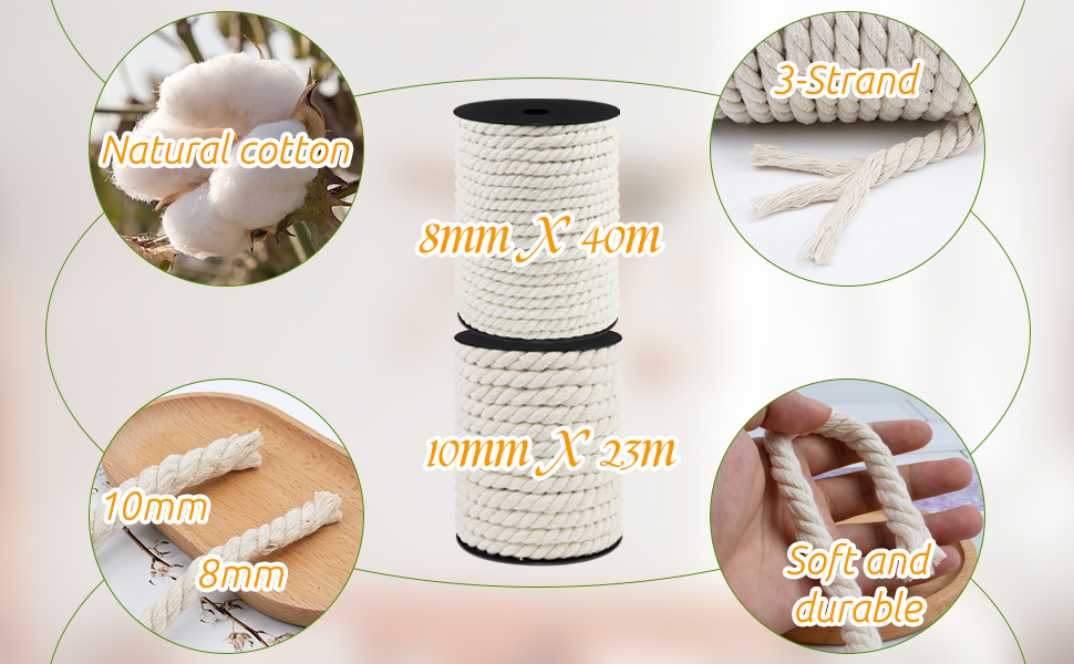 LEREATI Cotton Macrame Cord 8mm x 131ft, Thick Macrame Rope
