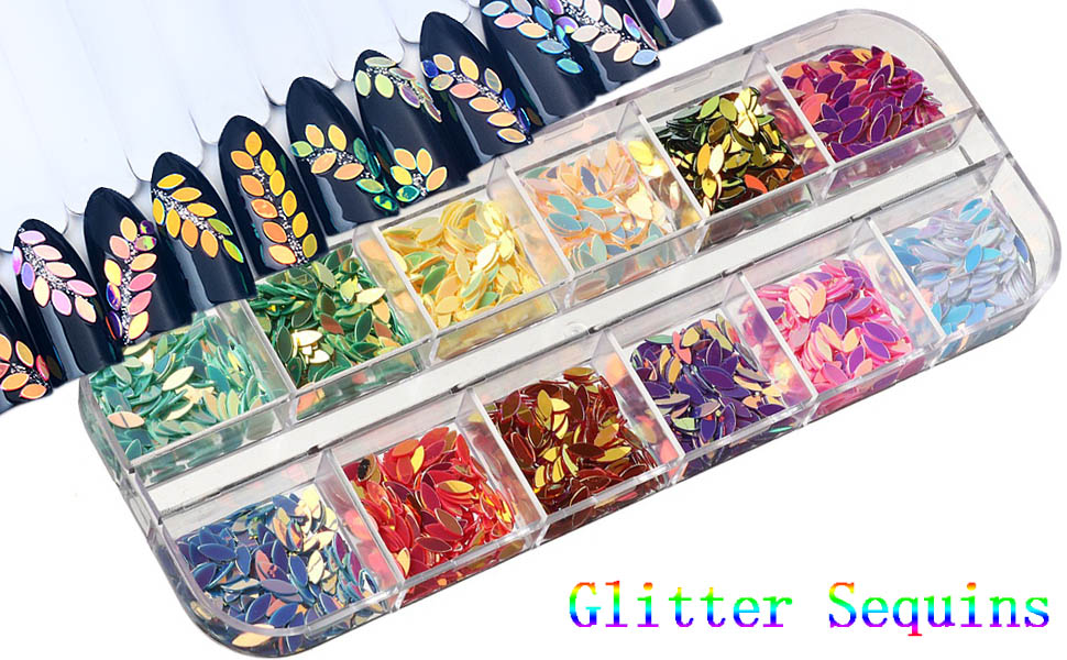 12 Colors Nail Art Glitter Sequins, 3D Sparkly Leaf Shape