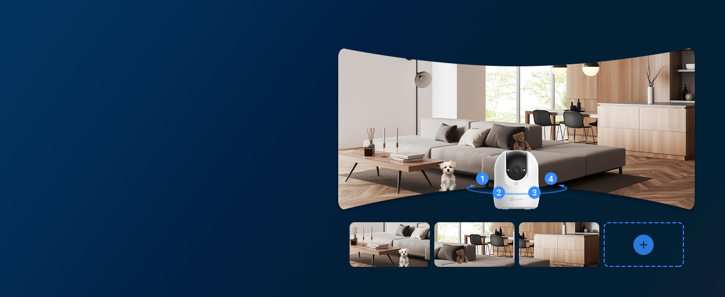 Vista interactiva en carrusel de espacios interiores modernos, que muestra múltiples perspectivas de habitaciones, incluidas configuraciones de sala de estar y oficina en tonos neutros.