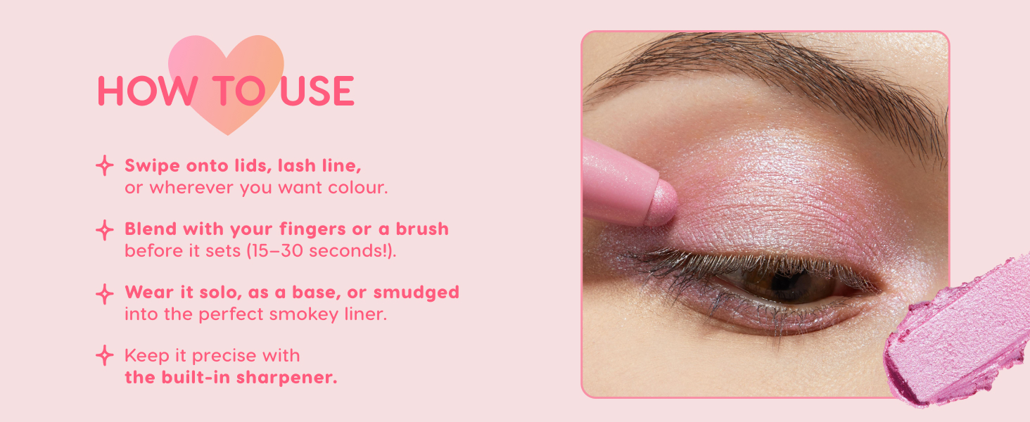 Shadow Stix demo – swipe on lids for easy, blendable color with built-in sharpener.